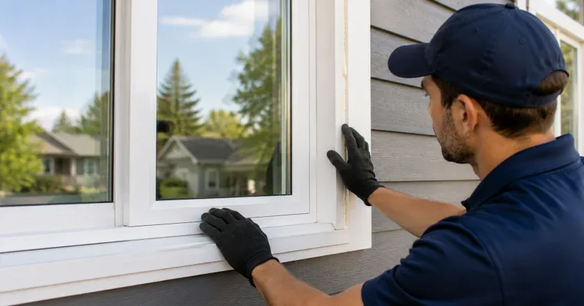 technician comparing full-frame and retrofit window replacement options in Whitchurch-Stouffville