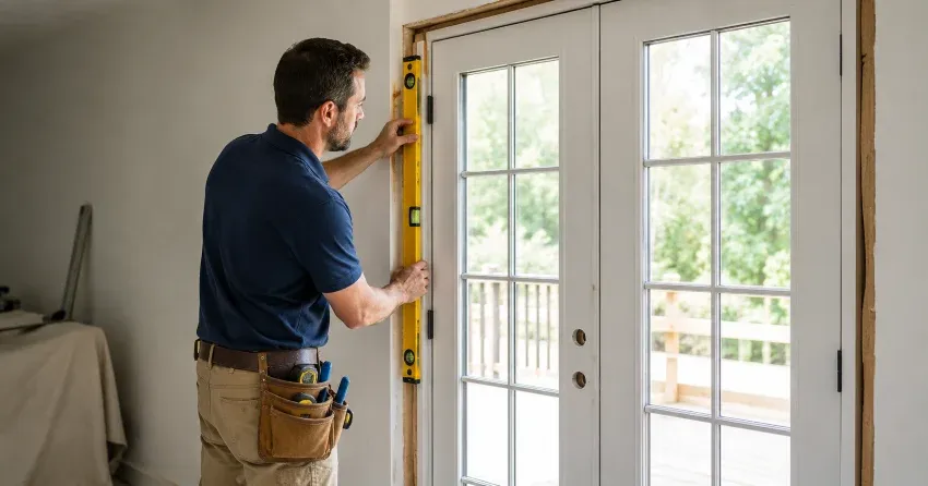 newly installed French doors with divided glass panes in Cedar Valley, Whitchurch-Stouffville