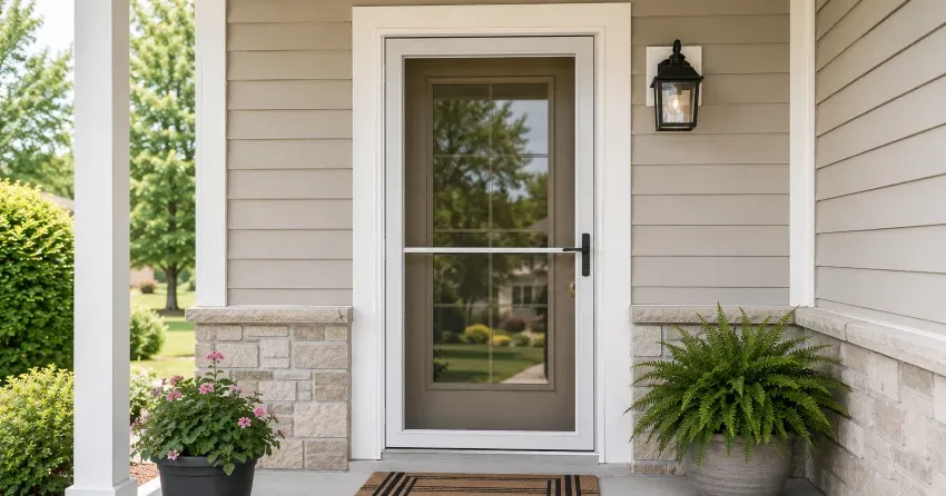technician hanging storm door square and plumb in Wesley Corners, Whitchurch-Stouffville