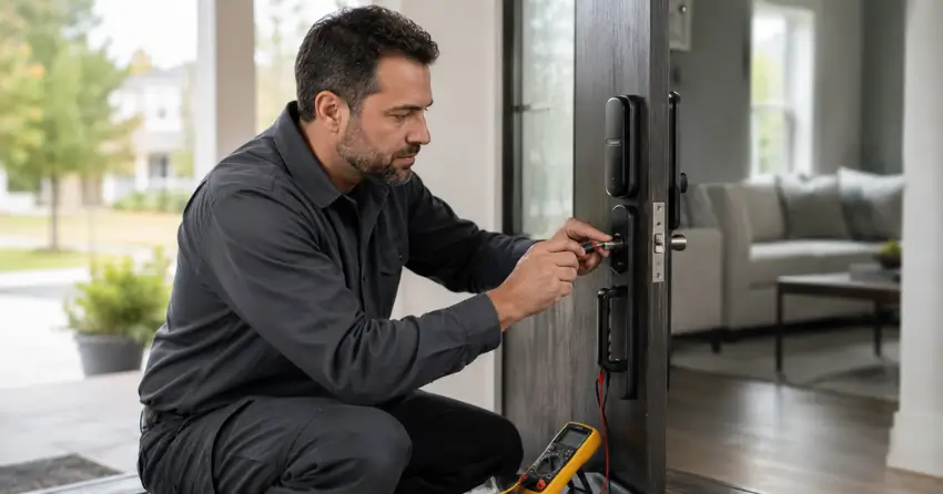 technician diagnosing automatic door lock mechanism on residential door in Sleepy Hollow, Whitchurch-Stouffville