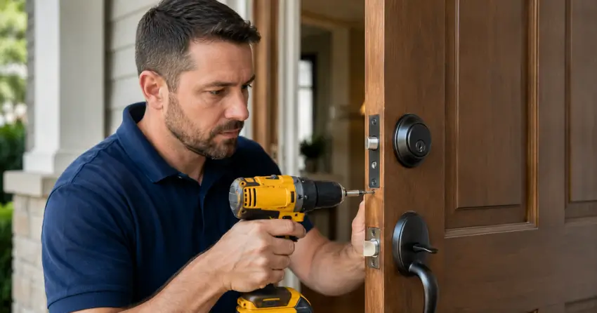 technician installing a new deadbolt during Change Door Lock Whitchurch-Stouffville service