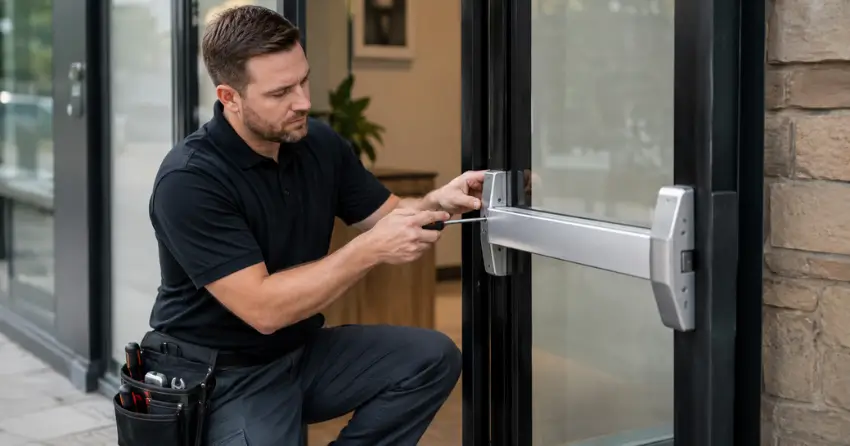 commercial locksmith repairing exit device on storefront door Whitchurch Highlands, Whitchurch-Stouffville