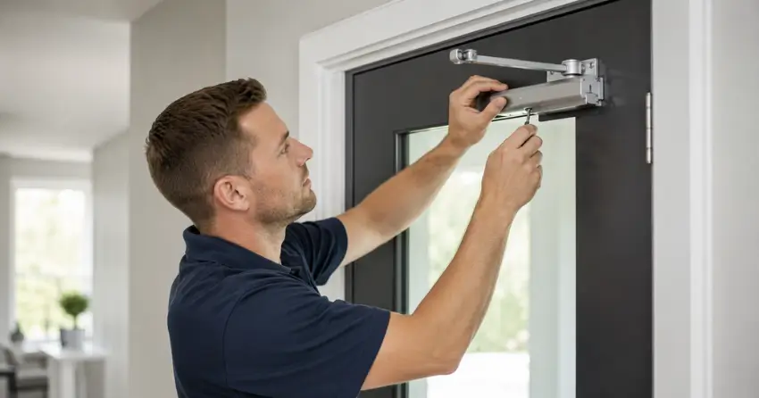 technician adjusting door closer hydraulic valve in Whitchurch-Stouffville home