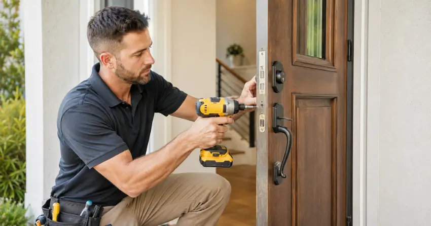 locksmith installing new deadbolt lock on front door in Cedar Valley, Whitchurch-Stouffville