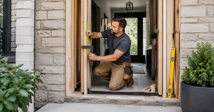 exterior door installer assessing rough opening in Ballantrae, Whitchurch-Stouffville