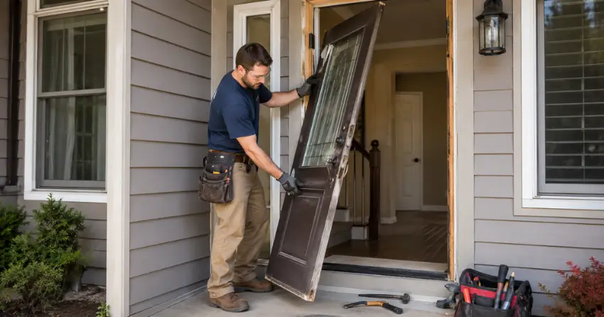 old exterior door being removed for replacement in Whitchurch-Stouffville