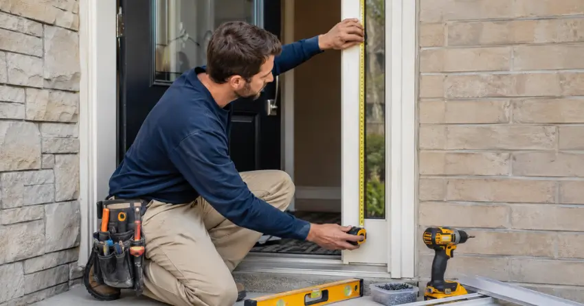 technician measuring door frame before storm door install in Whitchurch-Stouffville