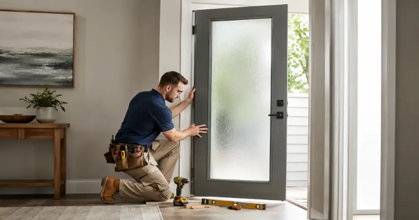 glass panel door installation with frosted privacy glass in residential setting in Gormley, Whitchurch-Stouffville