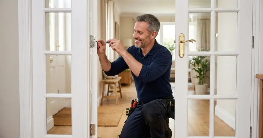technician adjusting French door hinge for proper alignment in Wesley Corners, Whitchurch-Stouffville