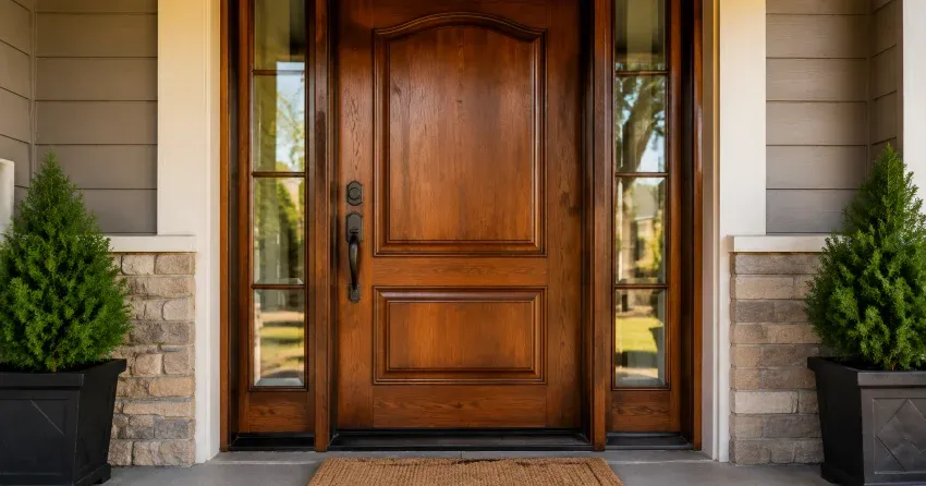 wood door mid-restoration showing stripped bare wood in Whitchurch-Stouffville