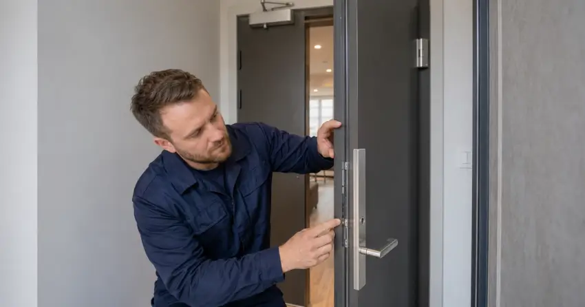 technician inspecting fire-rated door seal and hardware in Vandorf, Whitchurch-Stouffville