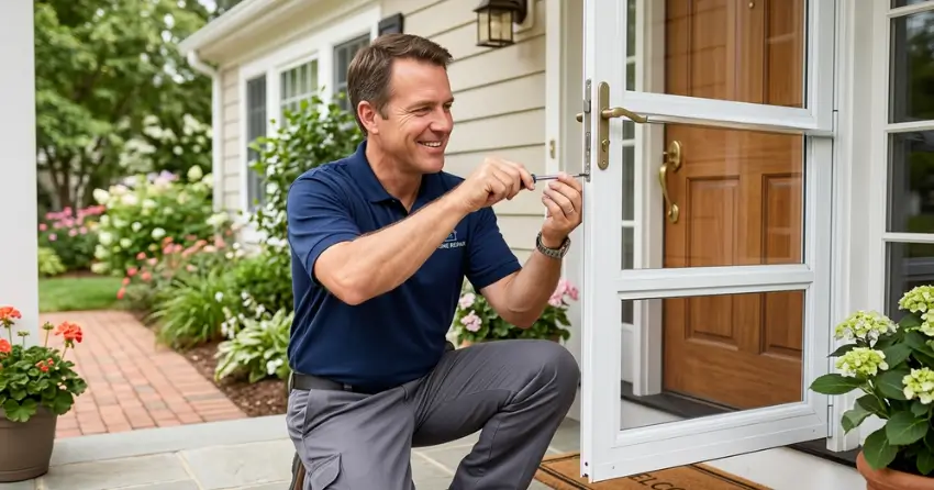 technician adjusting storm door hinge and closer in Cedar Valley, Whitchurch-Stouffville